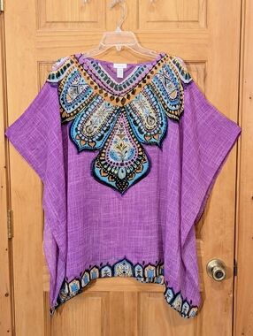 Chico’s Poncho Coverup Sheer Tunic Top Purple Boho Flowy Fairy Beach Women's S/M